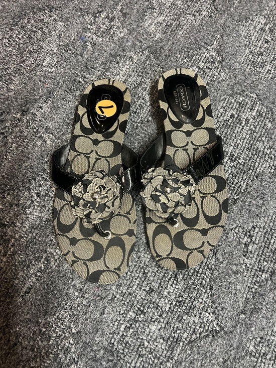 Coach Shoes - Coach Black and Tan Signature Floral Thong Sandals